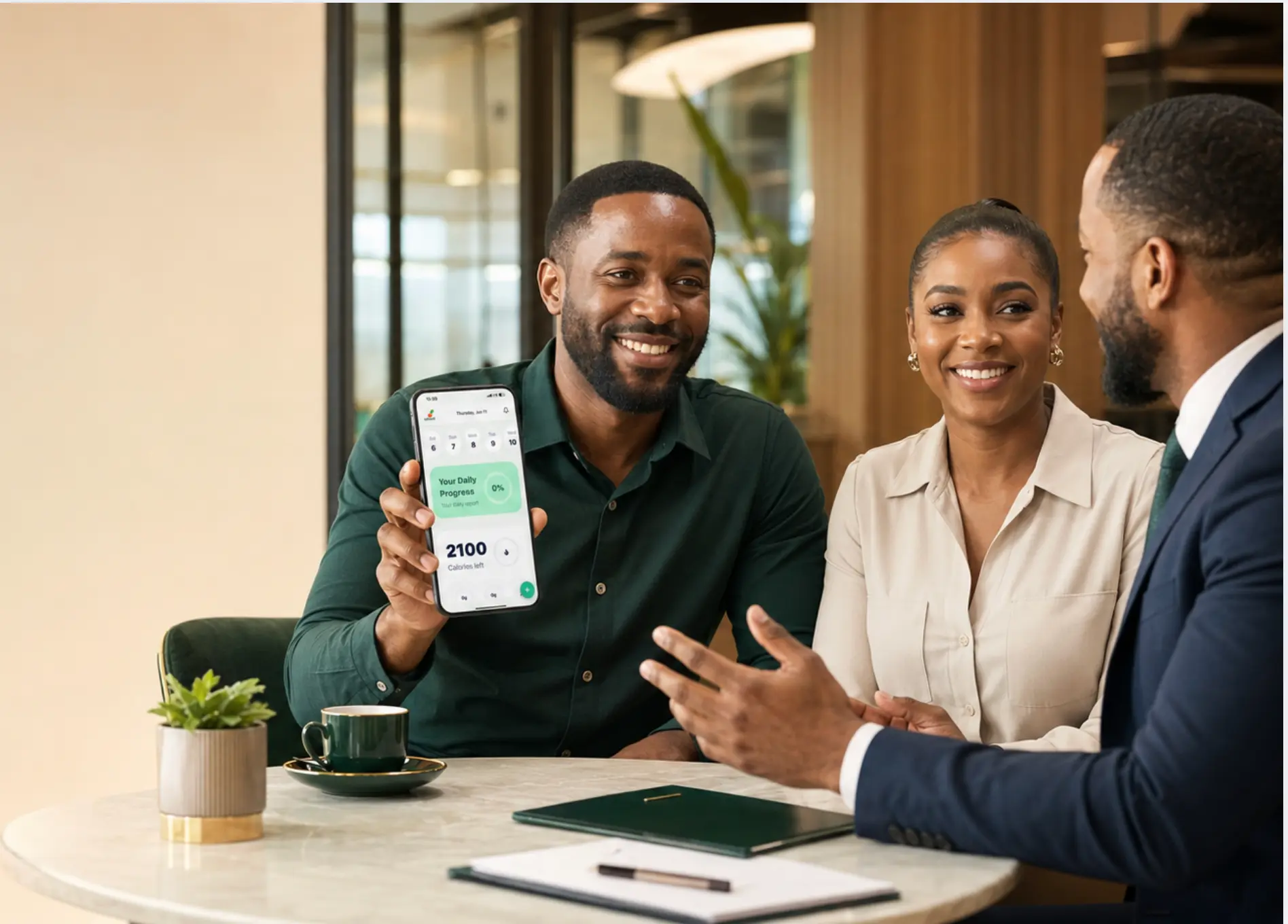 A banker shows a client the Eatwell app during a meeting in a modern office lounge