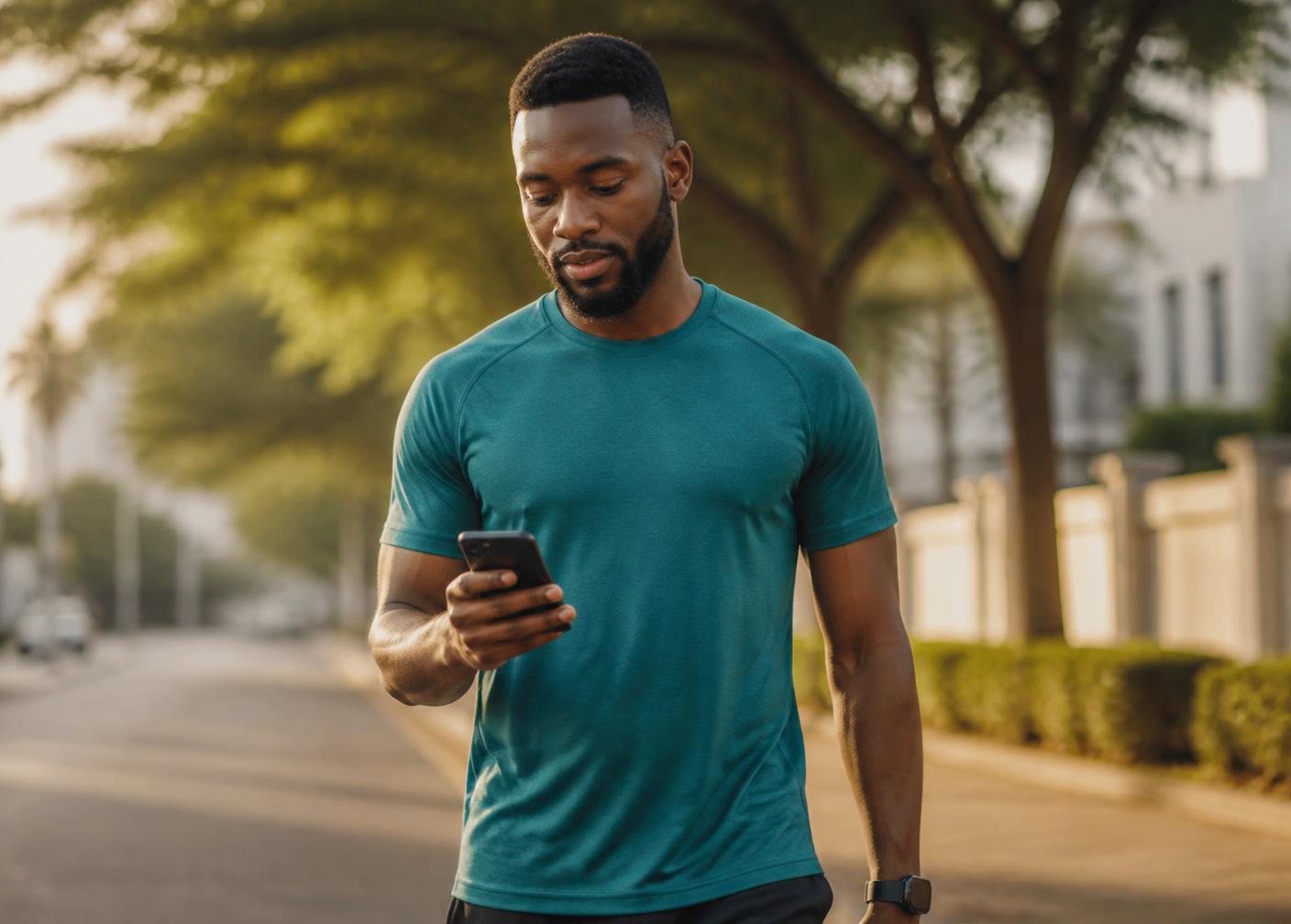 A man walking outdoors while checking his Eatwell insights