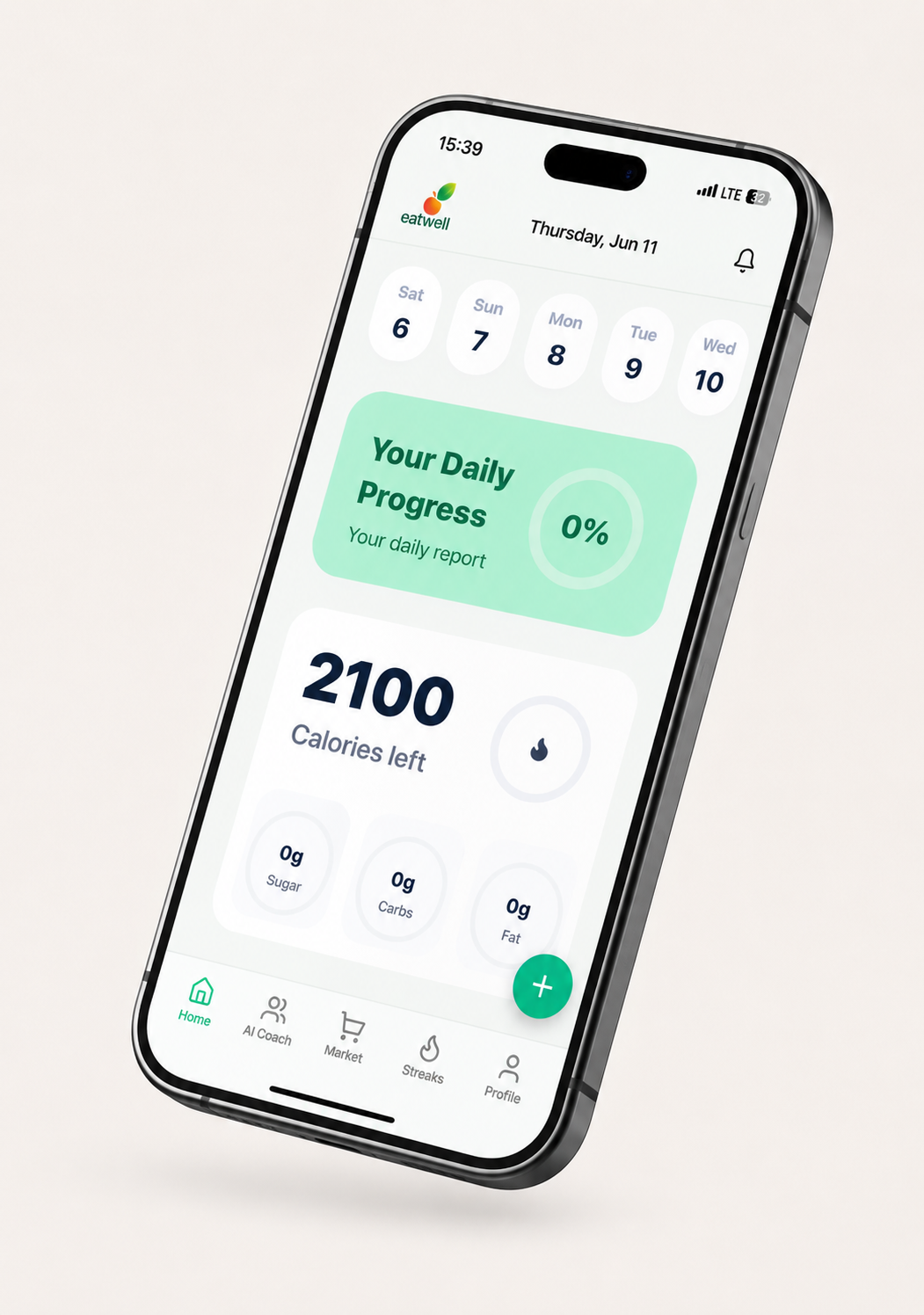 Eatwell home screen showing daily progress and calories left