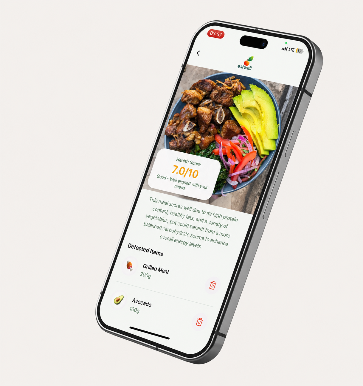 Eatwell scan result showing a health score and detected items